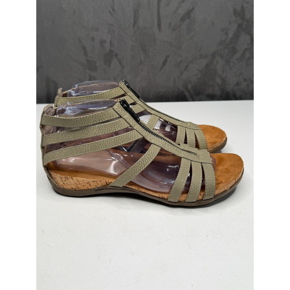 Bearpaw Gladiator Sandals Womens 9 Green Strappy Front Zip Cork Wedge Boho